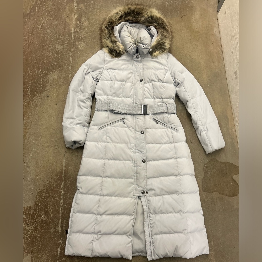 M collection down filled maxi Women's Long Gray Puffer Coat with Fur‎ Hood